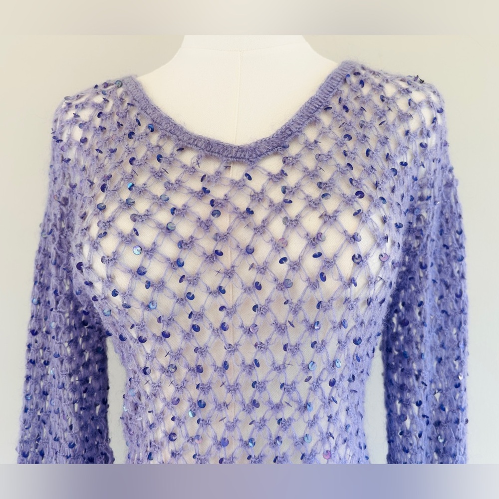 Y2K SMOOCHES 90s Open Knit Sequin Oversized Long Layer Sweater Fairy Grunge Sz M - Picture 5 of 12